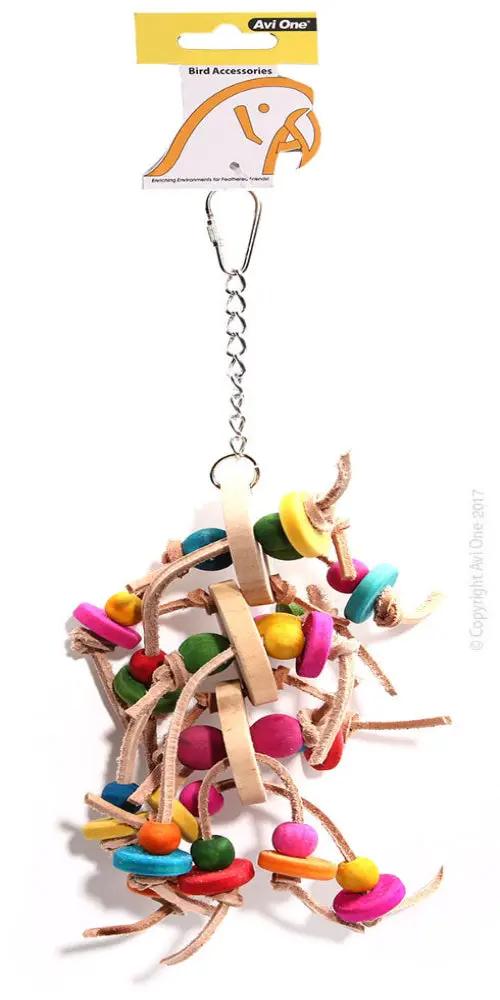 Avi One Parrot Toy Leather Rope Coloured Wood Block 33cm by Pet One