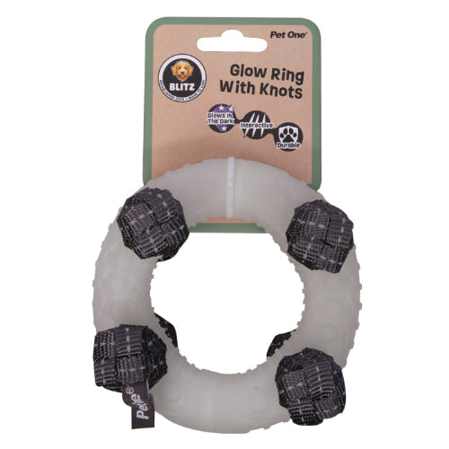 Pet One Dog Toy Blitz Glow In The Dark Ring W Knots Grey M - The Chook Barn
