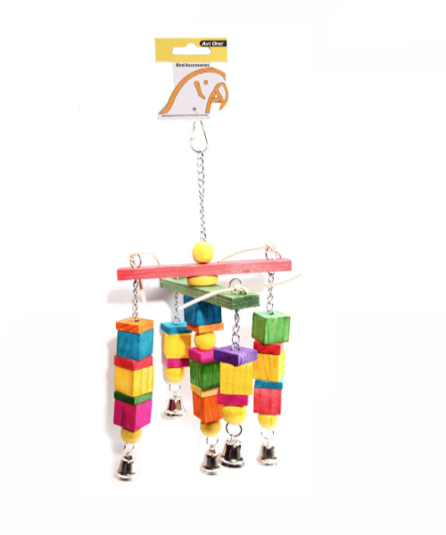 Avi One Parrot Toy - Leather Rope Coloured Wood Cube W.Bell 40X18Cm - The Chook Barn