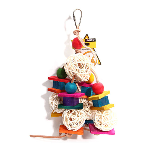 Avi One Parrot Toy - Leather Rope with Rattan Ball & Coloured W/ Block 35Cm - The Chook Barn