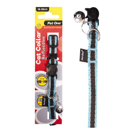 Pet One Cat Collar Nylon 18-28Cm 10Mm Reflective Bk Bl - The Chook Barn