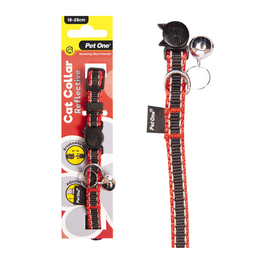 Pet One Cat Collar Nylon 18-28Cm 10Mm Reflective Bk Rd - The Chook Barn