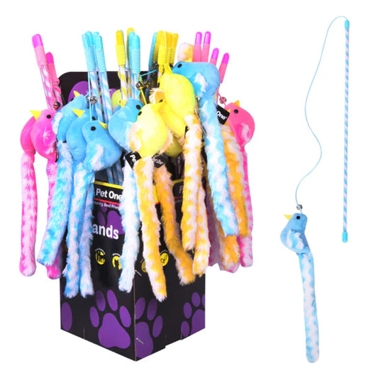 Pet One Cat Toy Wand Bird with Bell & Crinkle 45Cm Mix Colour 24 Per Box - The Chook Barn
