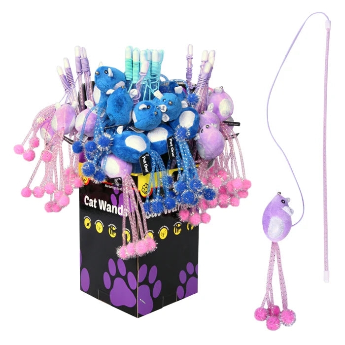 Pet One Cat Toy Wand Mouse with Tail 45Cm Mix Colour 24 Per Box - The Chook Barn