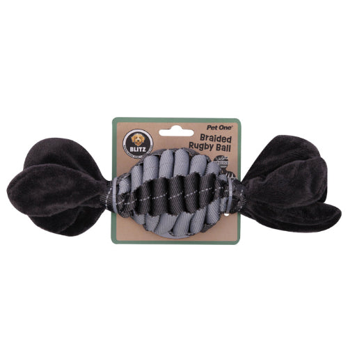 Pet One Dog Toy Blitz Braided Rugby Ball Grey L - The Chook Barn
