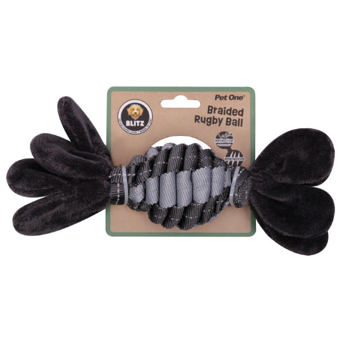 Pet One Dog Toy Blitz Braided Rugby Ball Grey M - The Chook Barn