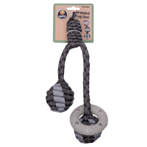 Pet One Dog Toy Blitz Braided Tug Duo W Glow In The Dark Ring Grey - The Chook Barn