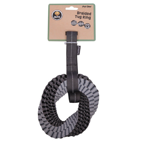 Pet One Dog Toy Blitz Braided Tug Ring W Strap Grey S - The Chook Barn