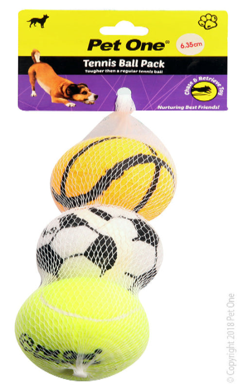 Pet One Dog Toy Tennis Ball 3Pack With Print 6.35Cm Diameter - The Chook Barn